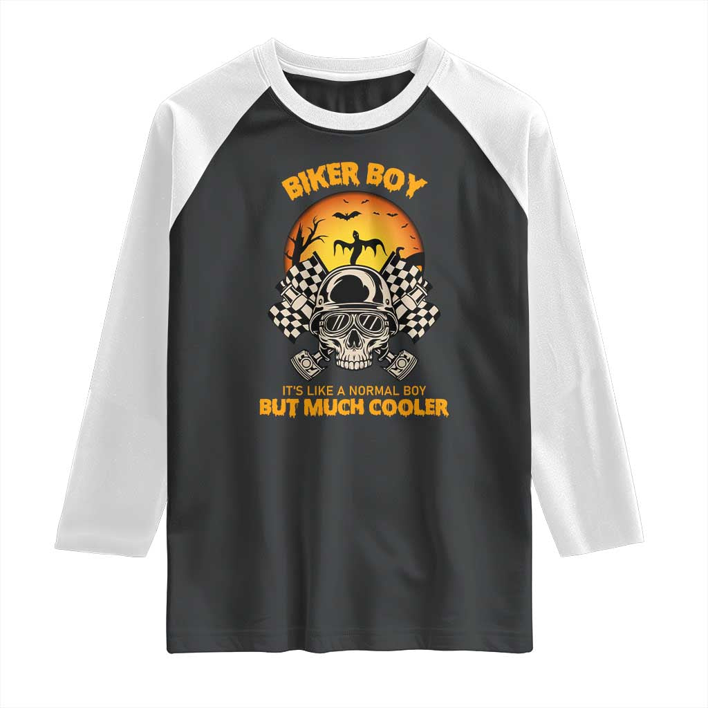 Funny Skull Motocycle Halloween Biker Son Raglan Shirt Biker Boy It's Like A Normal Boy But Much Cooler - Wonder Print Shop