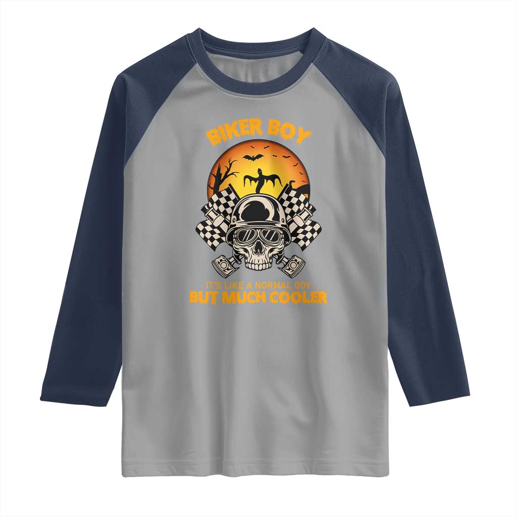 Funny Skull Motocycle Halloween Biker Son Raglan Shirt Biker Boy It's Like A Normal Boy But Much Cooler - Wonder Print Shop
