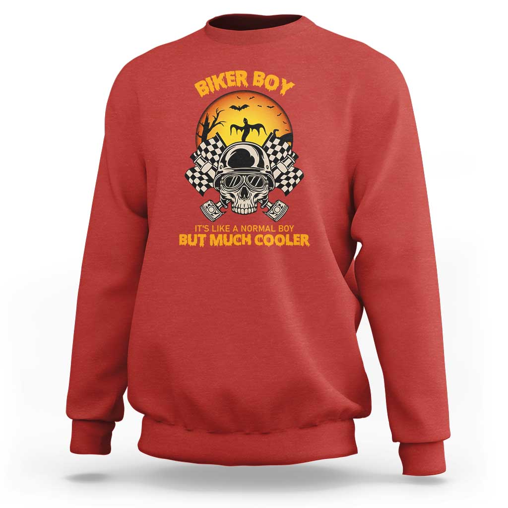 Funny Skull Motocycle Halloween Biker Son Sweatshirt Biker Boy It's Like A Normal Boy But Much Cooler - Wonder Print Shop