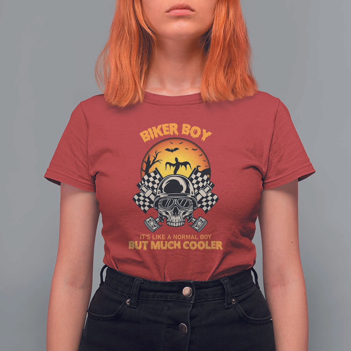 Funny Skull Motocycle Halloween Biker Son T Shirt For Women Biker Boy It's Like A Normal Boy But Much Cooler - Wonder Print Shop