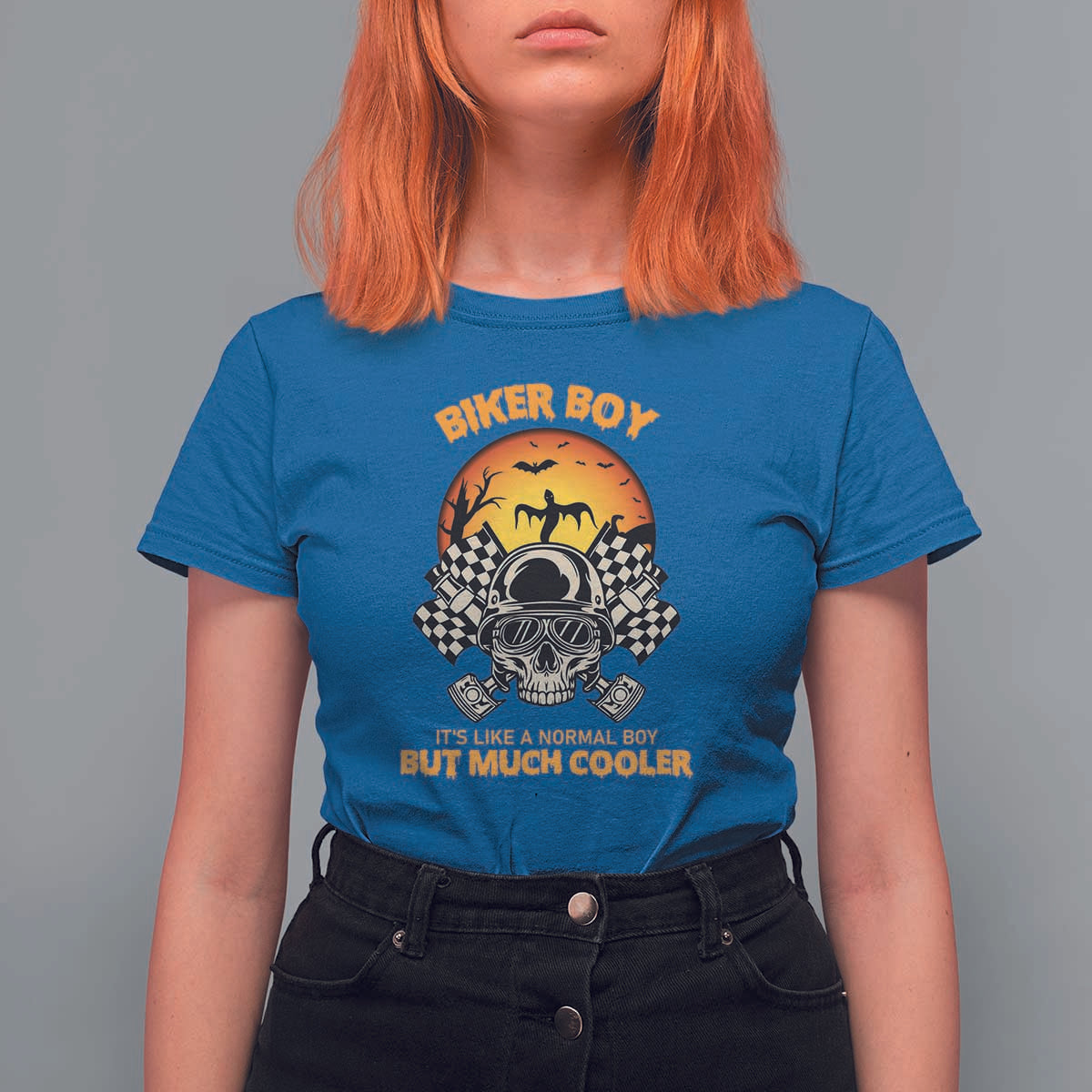 Funny Skull Motocycle Halloween Biker Son T Shirt For Women Biker Boy It's Like A Normal Boy But Much Cooler - Wonder Print Shop