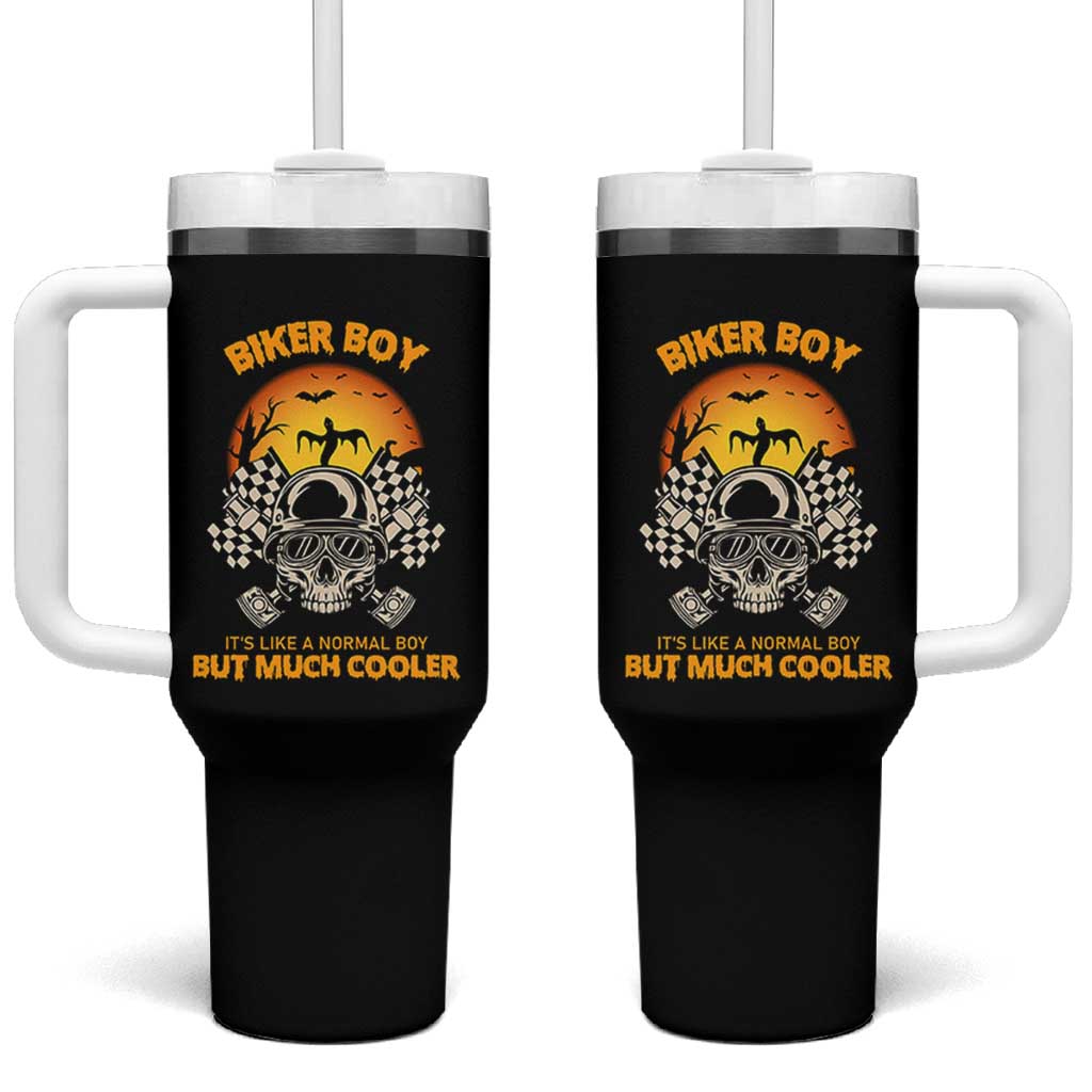 Funny Skull Motocycle Halloween Biker Son Tumbler With Handle Biker Boy It's Like A Normal Boy But Much Cooler