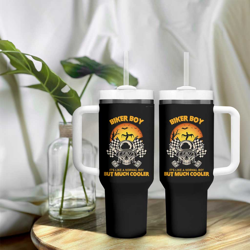 Funny Skull Motocycle Halloween Biker Son Tumbler With Handle Biker Boy It's Like A Normal Boy But Much Cooler
