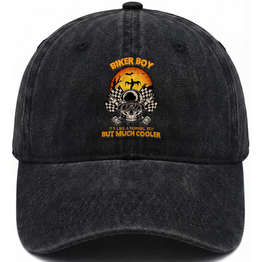 Funny Skull Motocycle Halloween Biker Son Washed Cotton Baseball Cap Biker Boy It's Like A Normal Boy But Much Cooler
