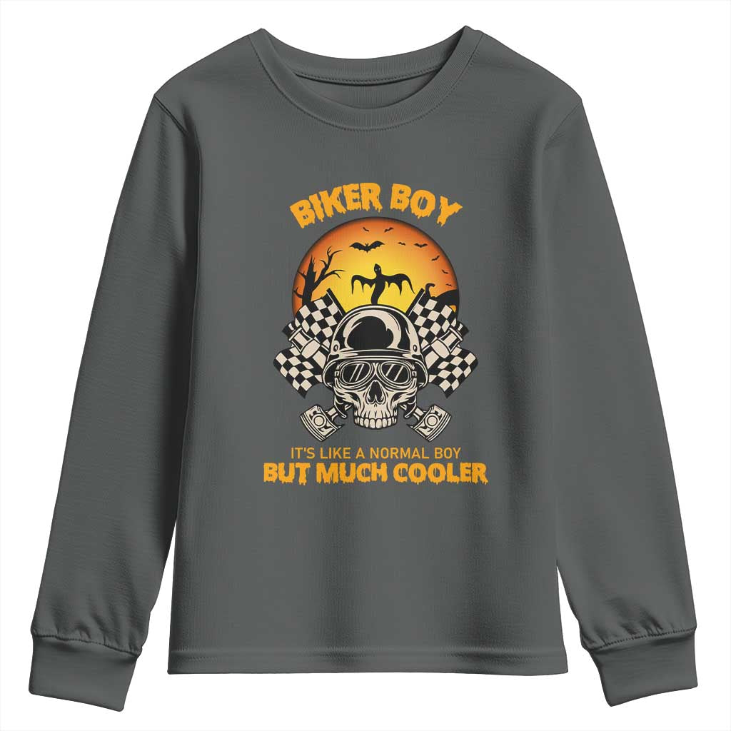 Funny Skull Motocycle Halloween Biker Son Youth Sweatshirt Biker Boy It's Like A Normal Boy But Much Cooler - Wonder Print Shop