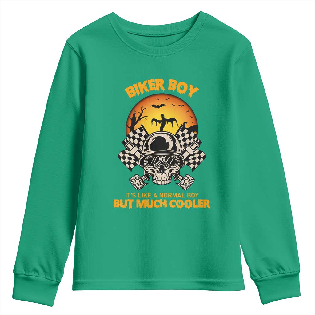 Funny Skull Motocycle Halloween Biker Son Youth Sweatshirt Biker Boy It's Like A Normal Boy But Much Cooler - Wonder Print Shop