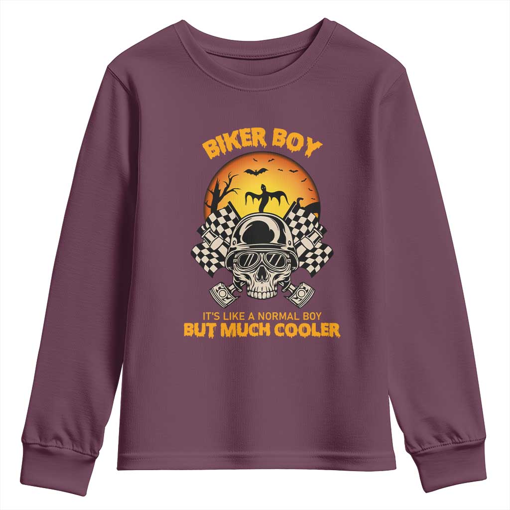 Funny Skull Motocycle Halloween Biker Son Youth Sweatshirt Biker Boy It's Like A Normal Boy But Much Cooler - Wonder Print Shop