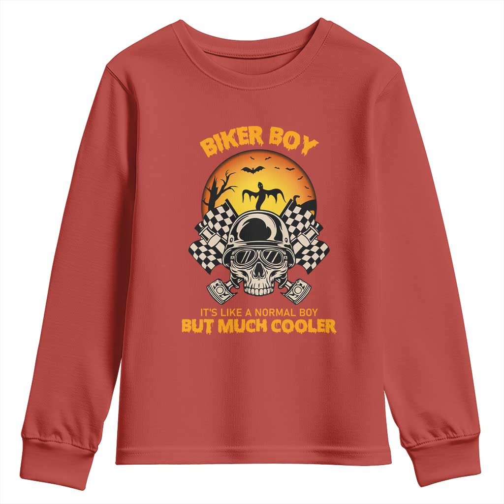 Funny Skull Motocycle Halloween Biker Son Youth Sweatshirt Biker Boy It's Like A Normal Boy But Much Cooler - Wonder Print Shop
