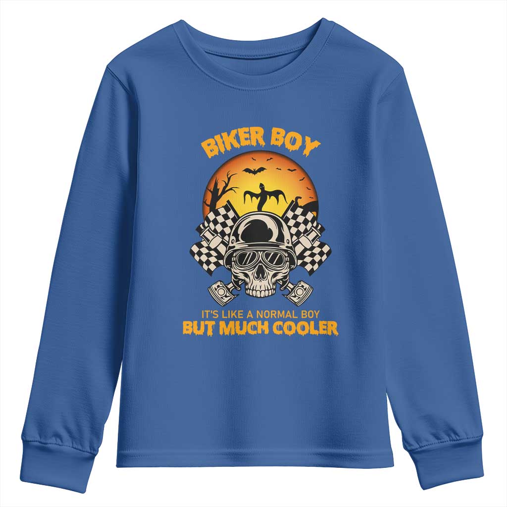 Funny Skull Motocycle Halloween Biker Son Youth Sweatshirt Biker Boy It's Like A Normal Boy But Much Cooler - Wonder Print Shop