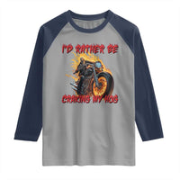 Funny Biker Skeleton Motorcycle Rider Raglan Shirt I Would Rather Be Cranking My Hog - Wonder Print Shop