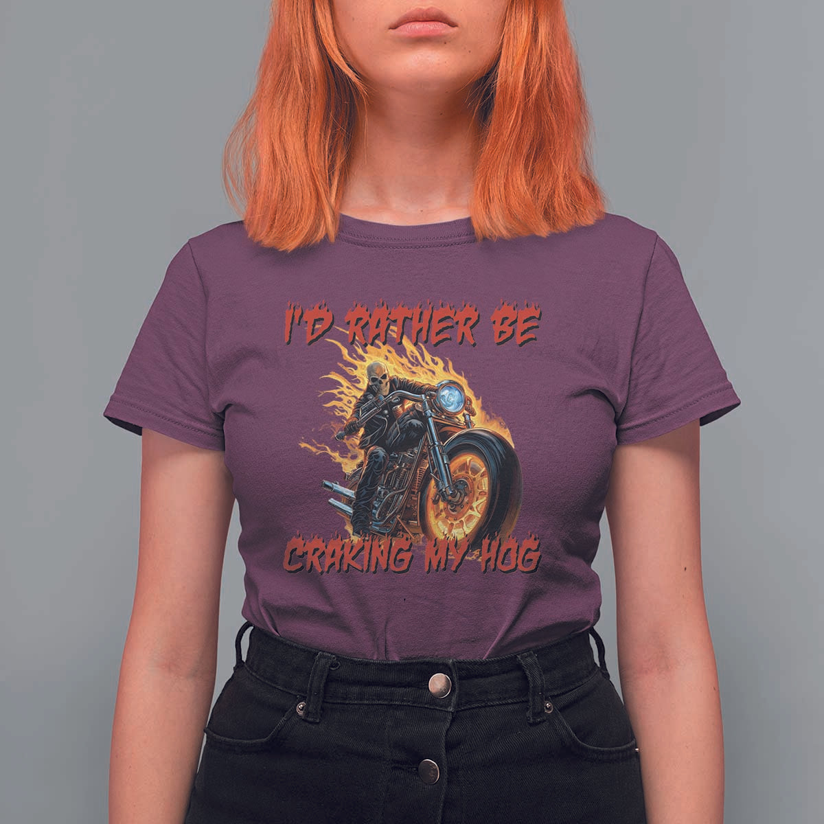 Funny Biker Skeleton Motorcycle Rider T Shirt For Women I Would Rather Be Cranking My Hog - Wonder Print Shop