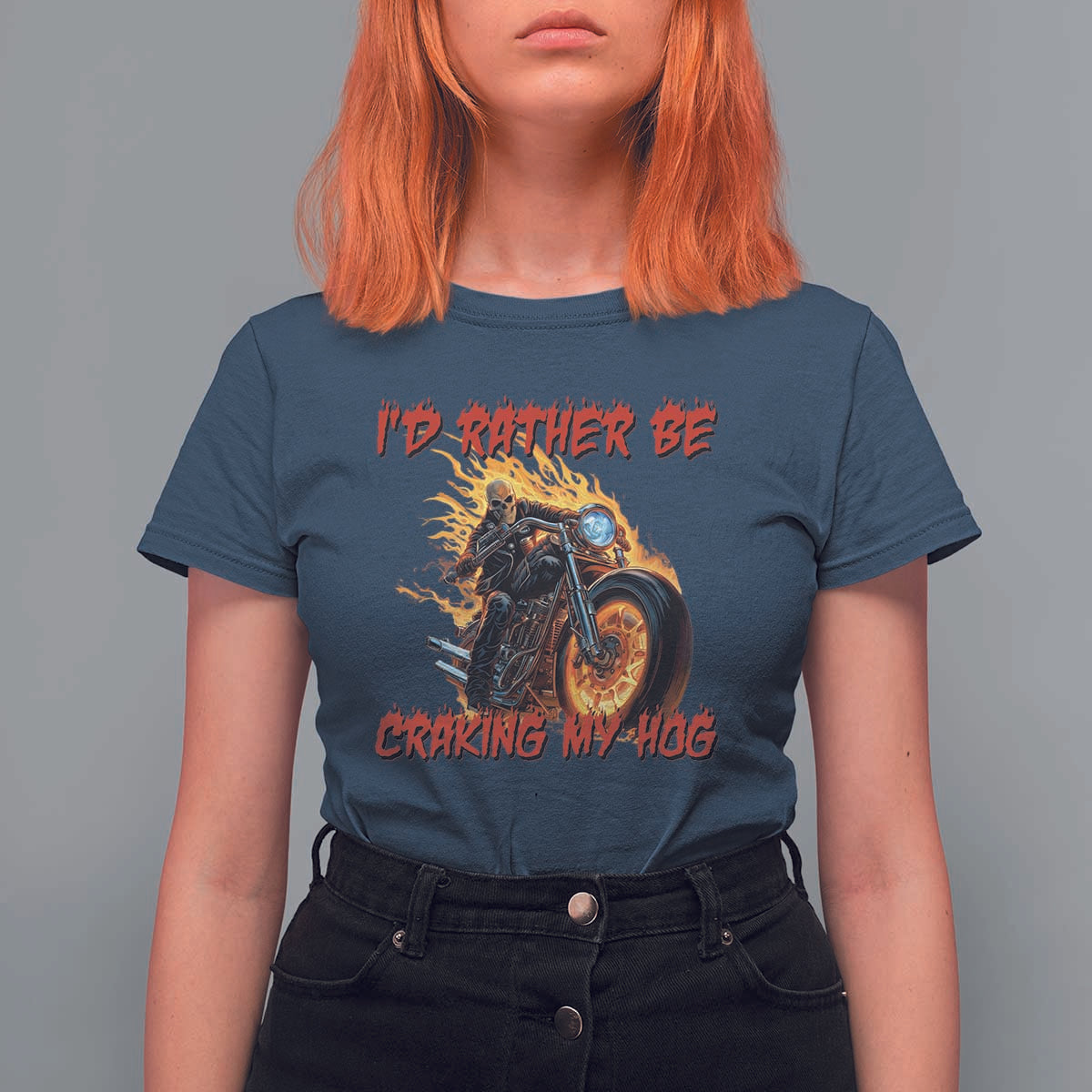 Funny Biker Skeleton Motorcycle Rider T Shirt For Women I Would Rather Be Cranking My Hog - Wonder Print Shop