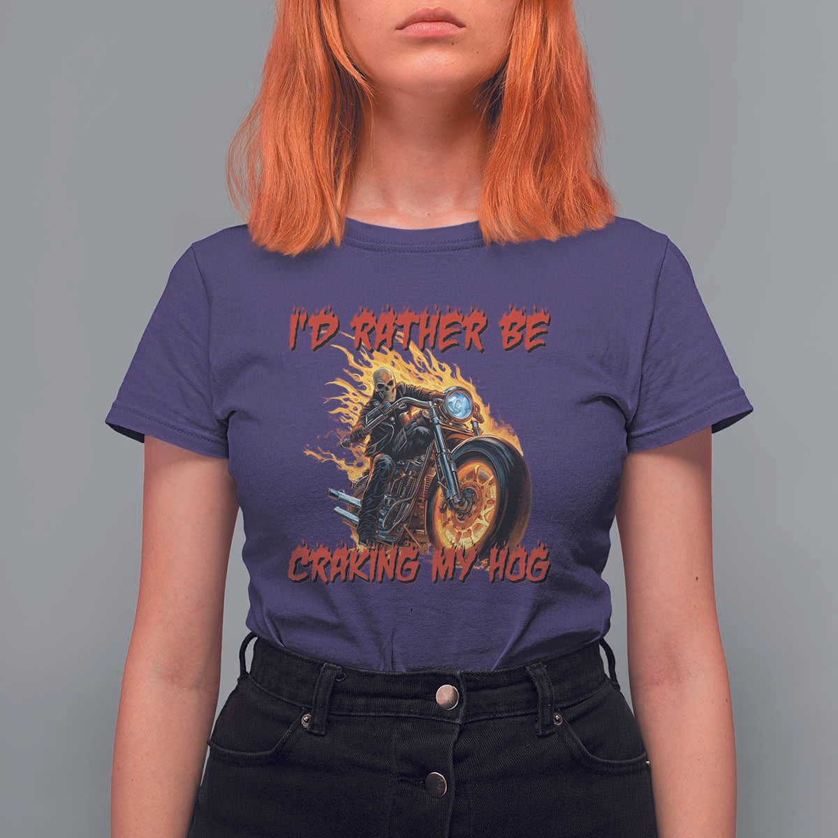 Funny Biker Skeleton Motorcycle Rider T Shirt For Women I Would Rather Be Cranking My Hog - Wonder Print Shop