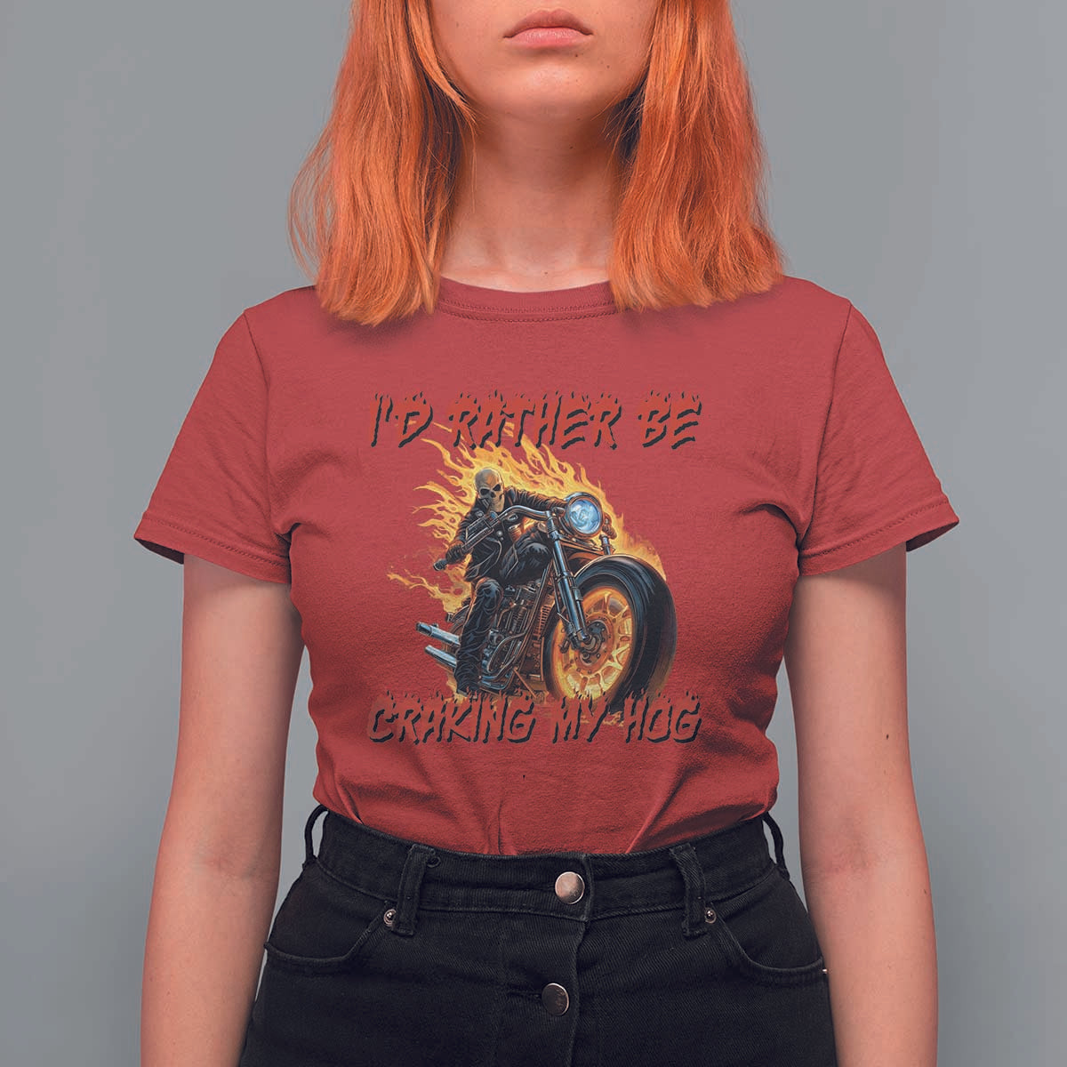 Funny Biker Skeleton Motorcycle Rider T Shirt For Women I Would Rather Be Cranking My Hog - Wonder Print Shop