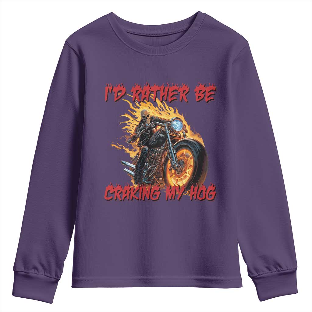 Funny Biker Skeleton Motorcycle Rider Youth Sweatshirt I Would Rather Be Cranking My Hog - Wonder Print Shop