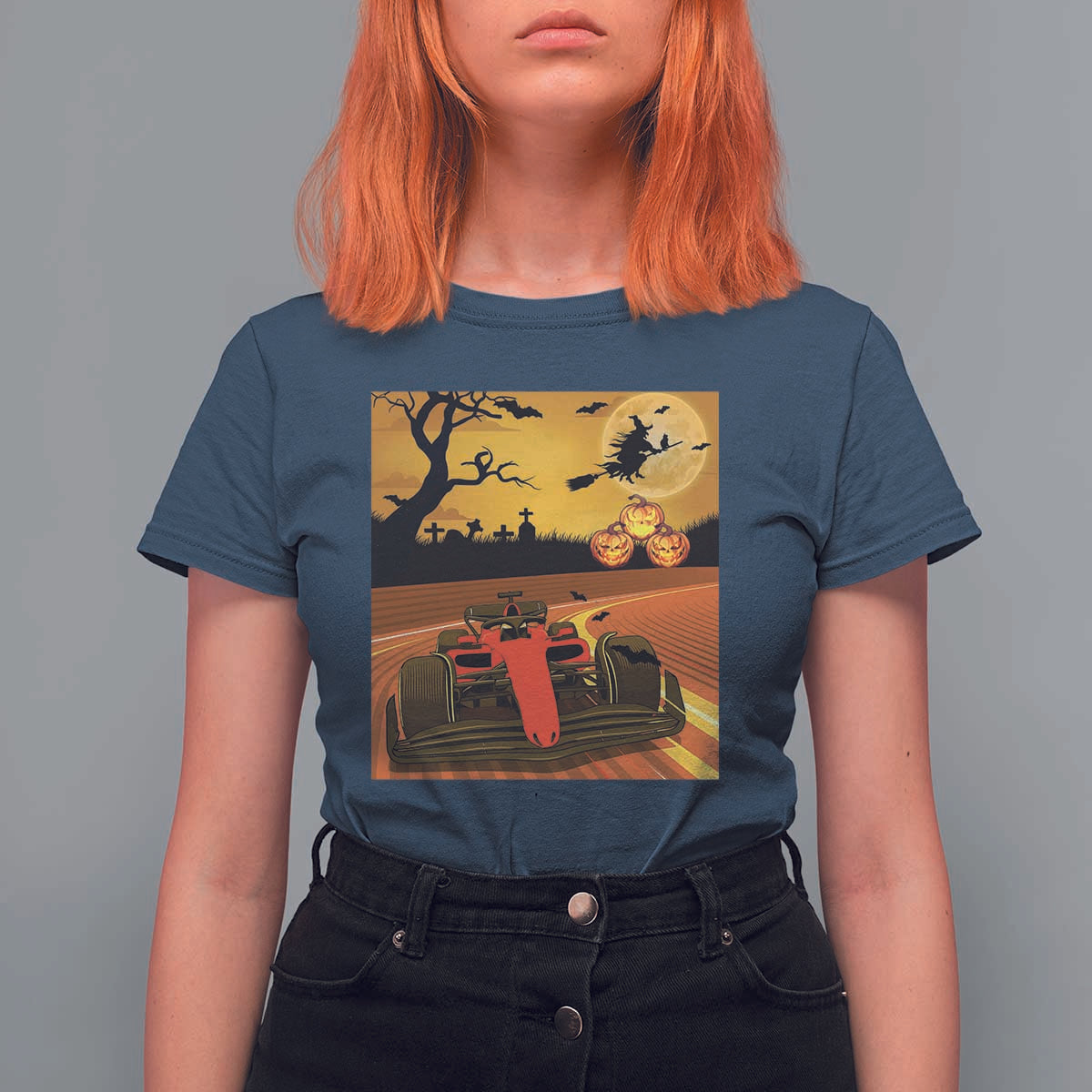 Vintage Race Car Halloween Pumpkin Retro Racing T Shirt For Women - Wonder Print Shop