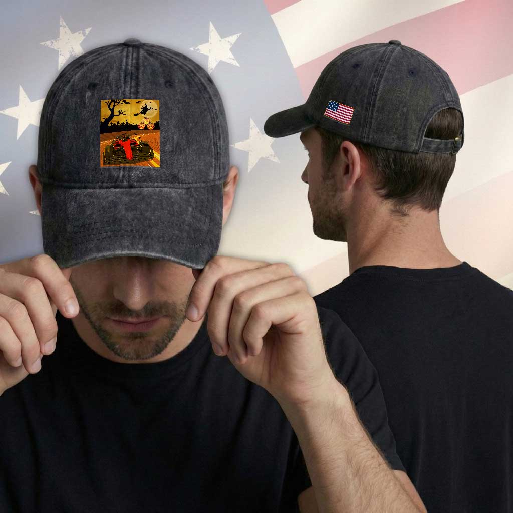 Vintage Race Car Halloween Pumpkin Retro Racing Washed Cotton Baseball Cap