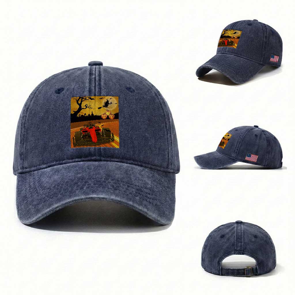 Vintage Race Car Halloween Pumpkin Retro Racing Washed Cotton Baseball Cap