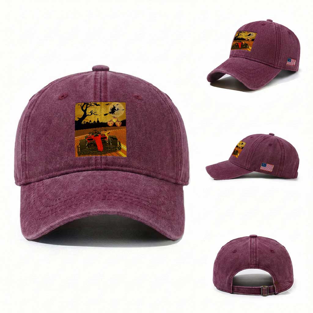 Vintage Race Car Halloween Pumpkin Retro Racing Washed Cotton Baseball Cap