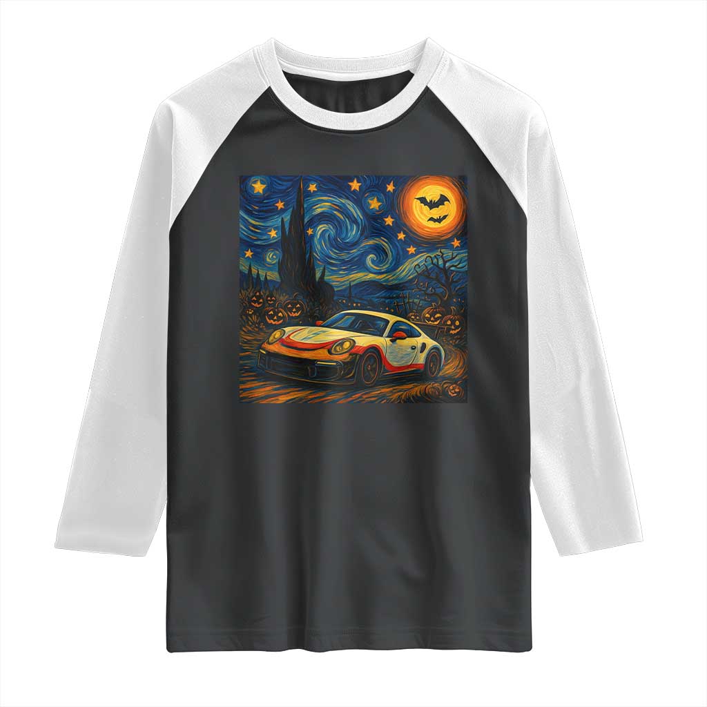 Racing Sports Raglan Shirt Starry Night 911 Silhouette Halloween - Wonder Print Shop