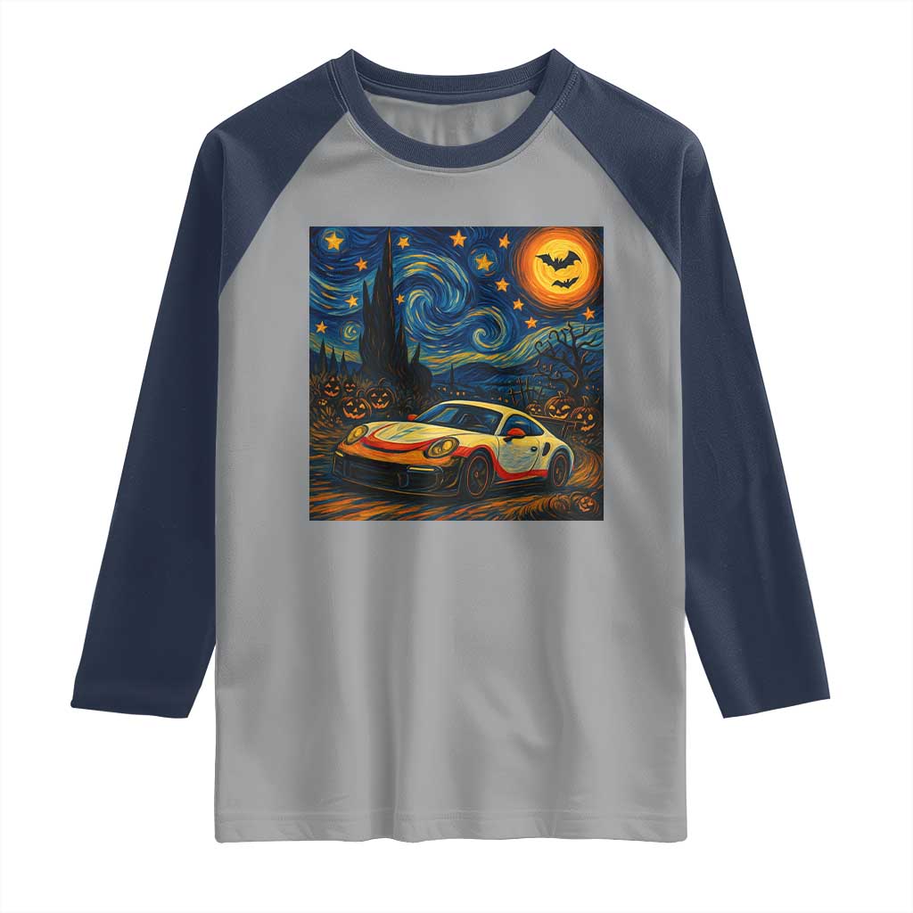Racing Sports Raglan Shirt Starry Night 911 Silhouette Halloween - Wonder Print Shop