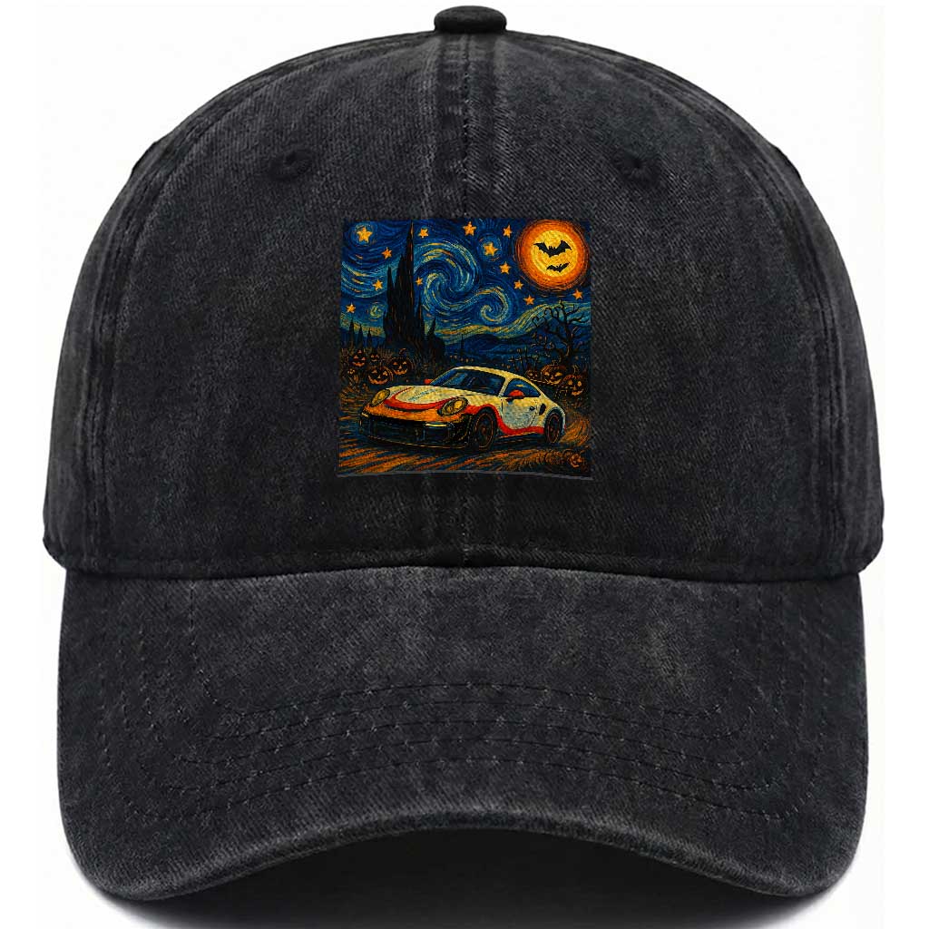 Racing Sports Washed Cotton Baseball Cap Starry Night 911 Silhouette Halloween