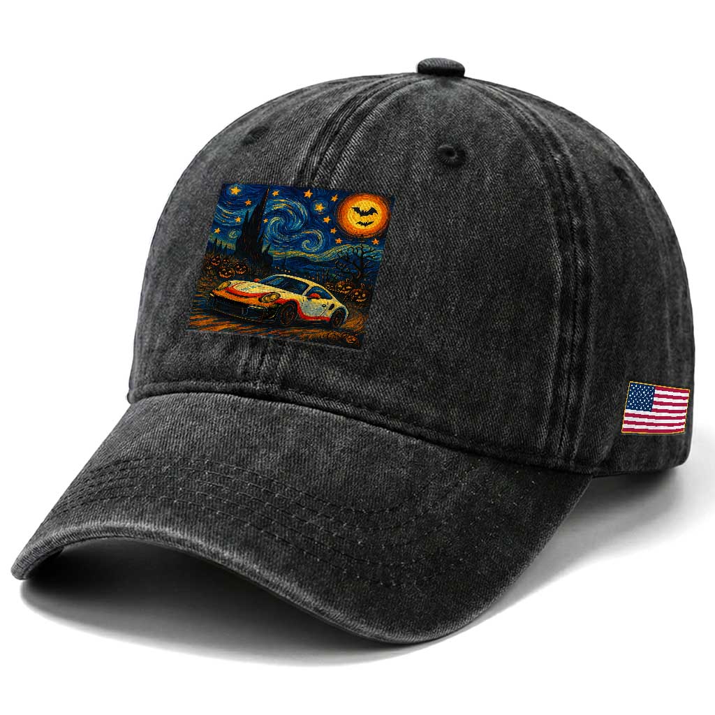 Racing Sports Washed Cotton Baseball Cap Starry Night 911 Silhouette Halloween