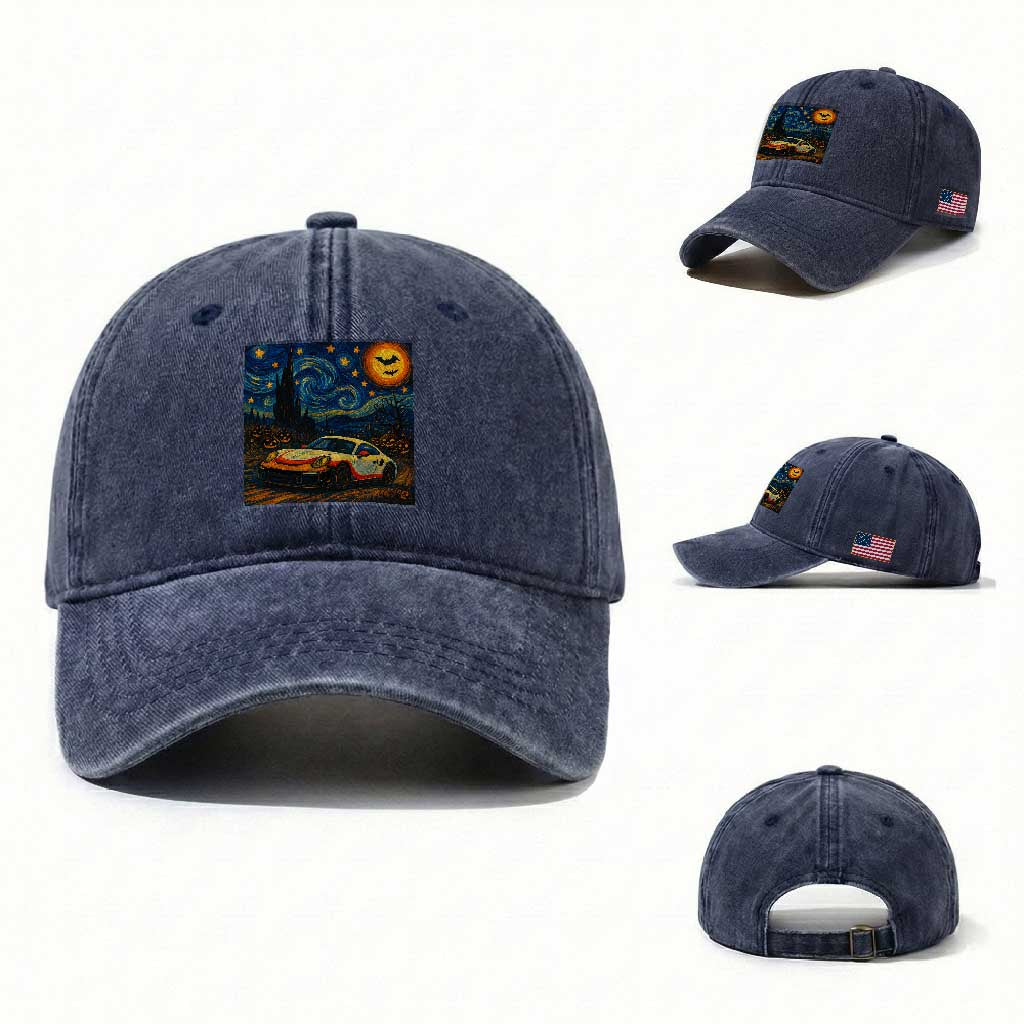 Racing Sports Washed Cotton Baseball Cap Starry Night 911 Silhouette Halloween
