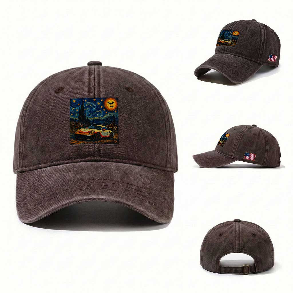 Racing Sports Washed Cotton Baseball Cap Starry Night 911 Silhouette Halloween