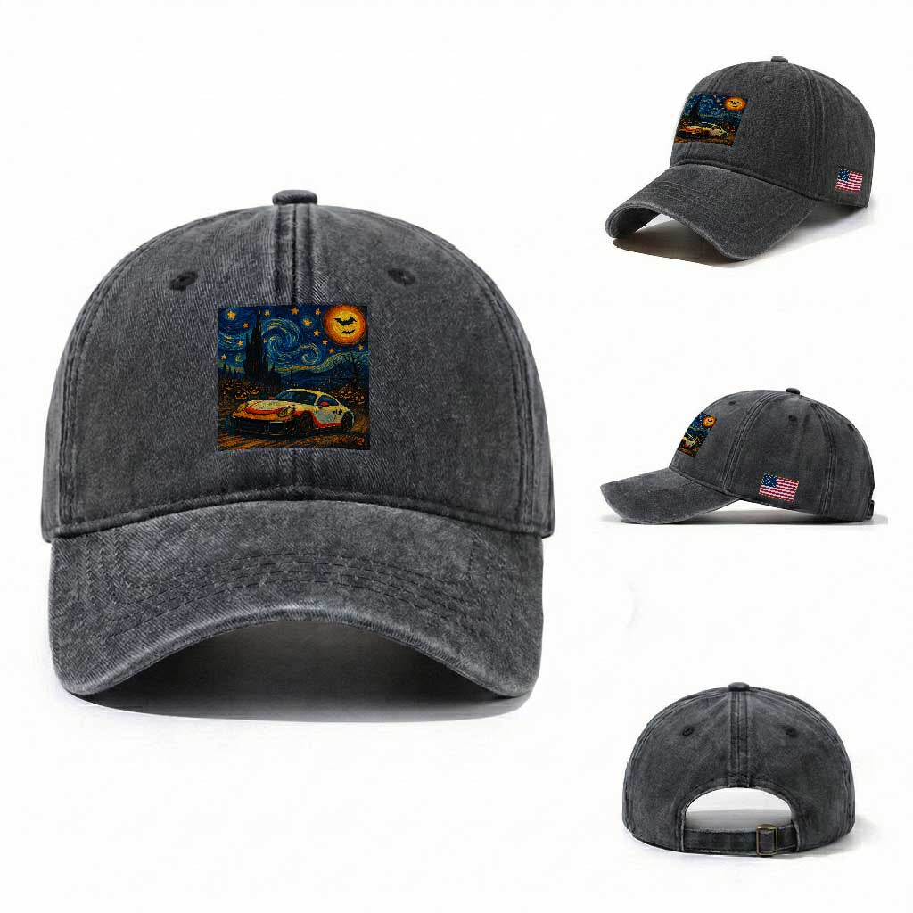 Racing Sports Washed Cotton Baseball Cap Starry Night 911 Silhouette Halloween