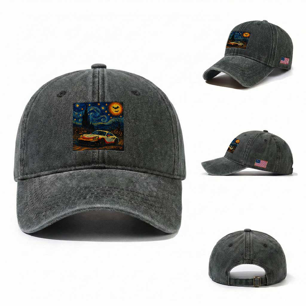 Racing Sports Washed Cotton Baseball Cap Starry Night 911 Silhouette Halloween