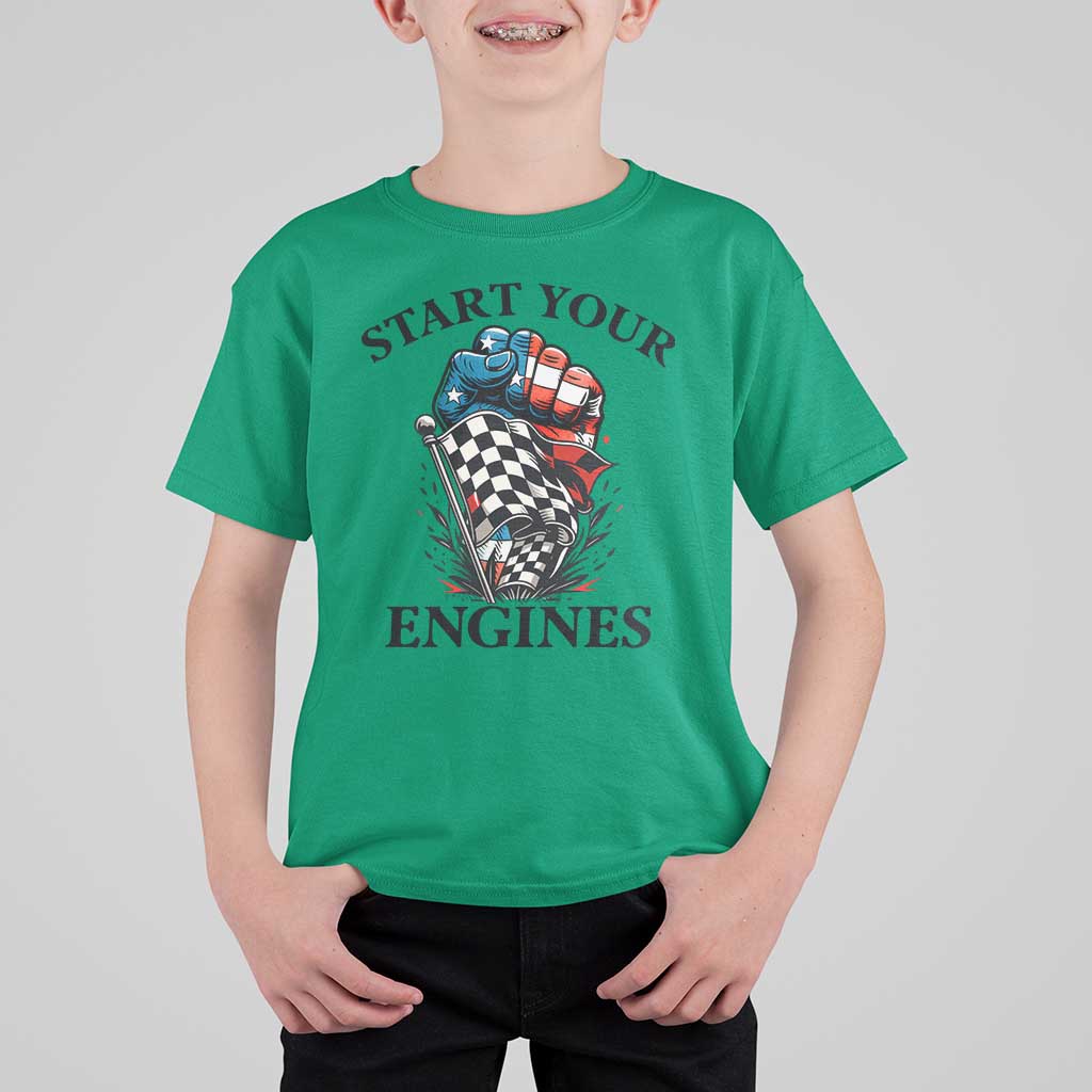 Checkered American Flag Racing T Shirt For Kid Start Your Engines Race Car - Wonder Print Shop