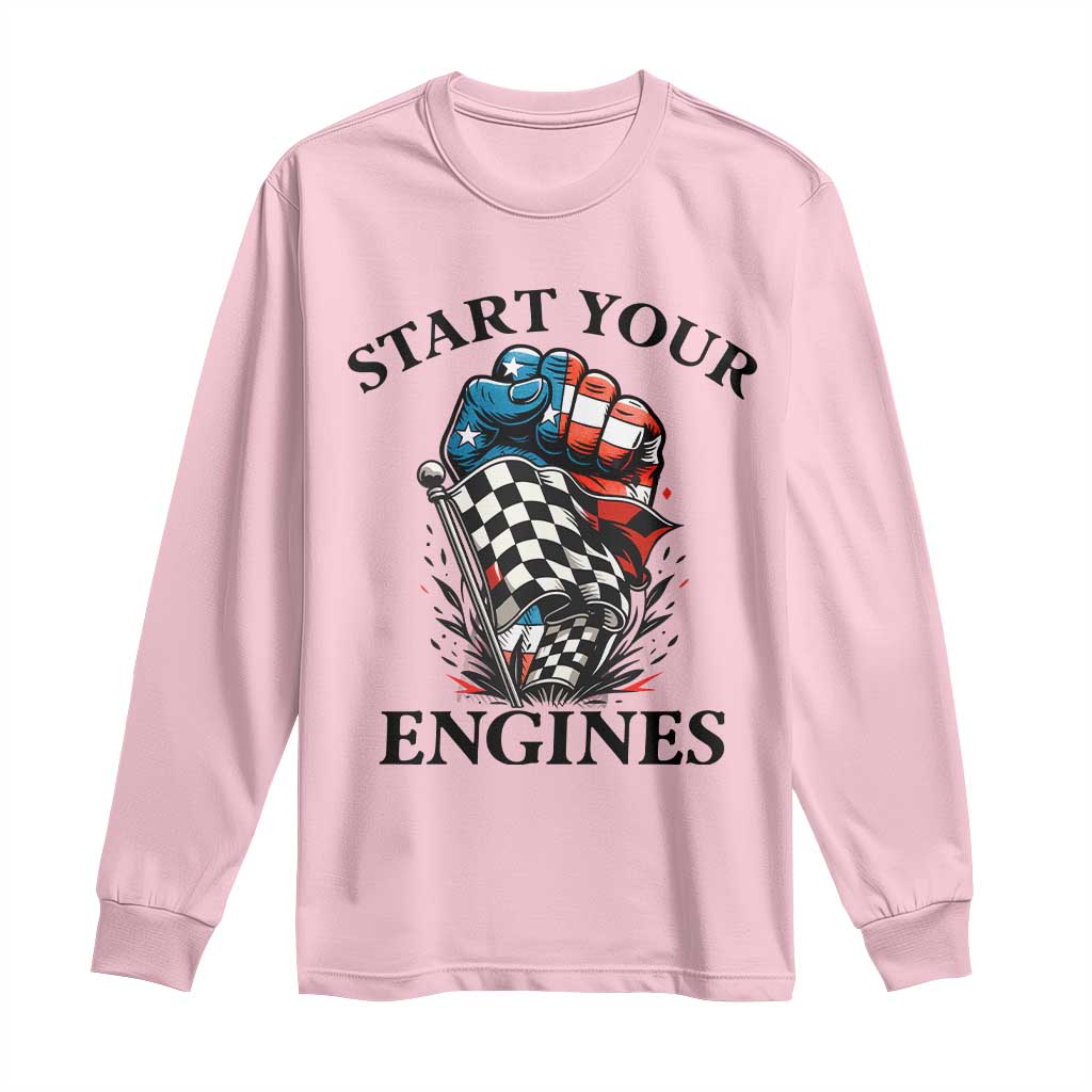 Checkered American Flag Racing Long Sleeve Shirt Start Your Engines Race Car - Wonder Print Shop