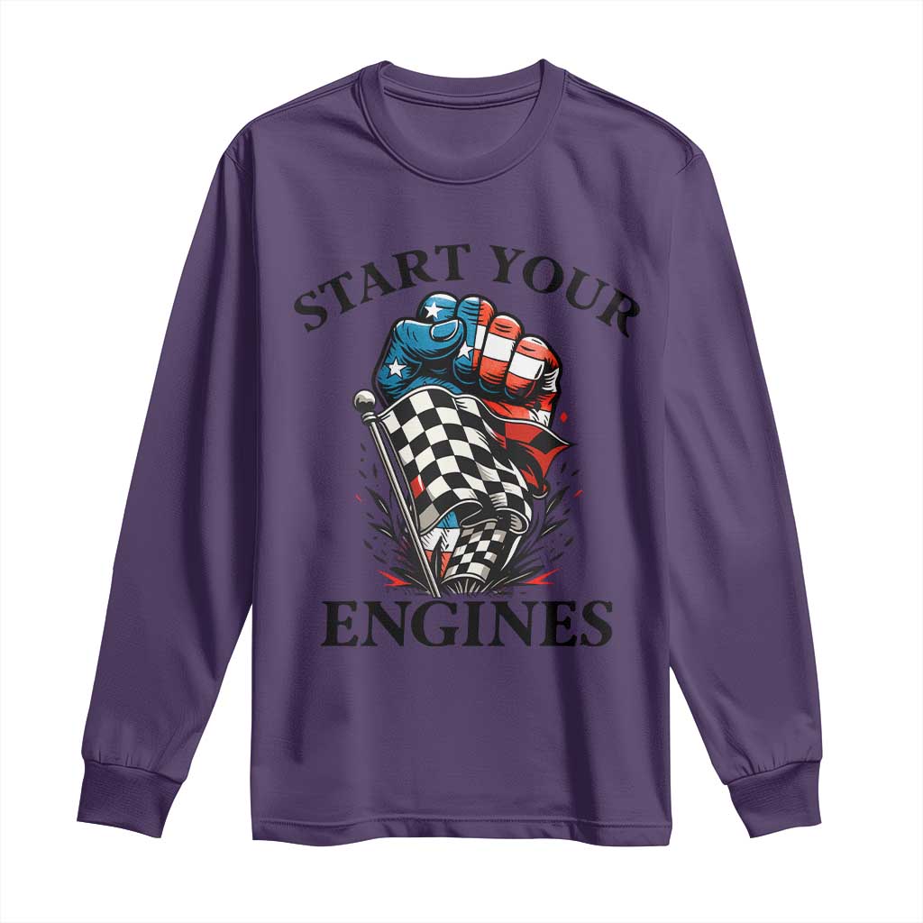 Checkered American Flag Racing Long Sleeve Shirt Start Your Engines Race Car - Wonder Print Shop