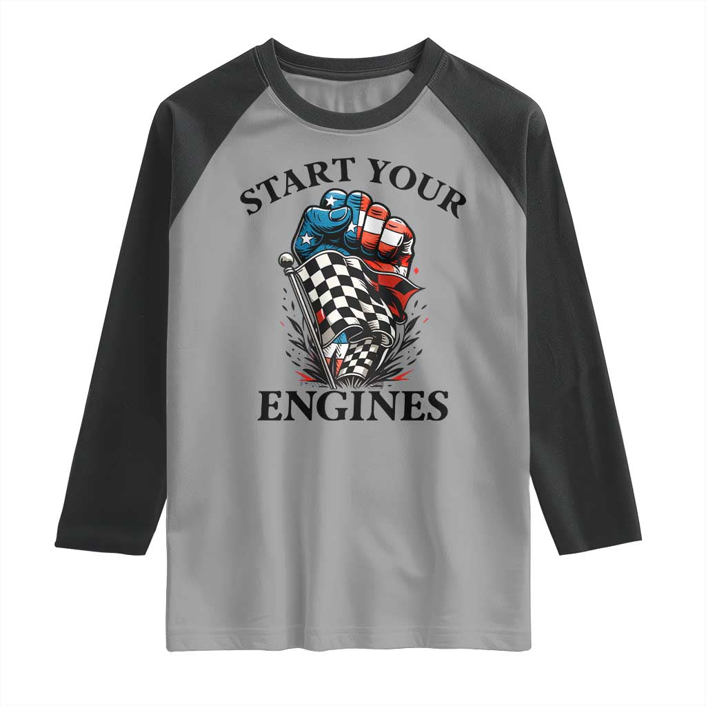 Checkered American Flag Racing Raglan Shirt Start Your Engines Race Car - Wonder Print Shop