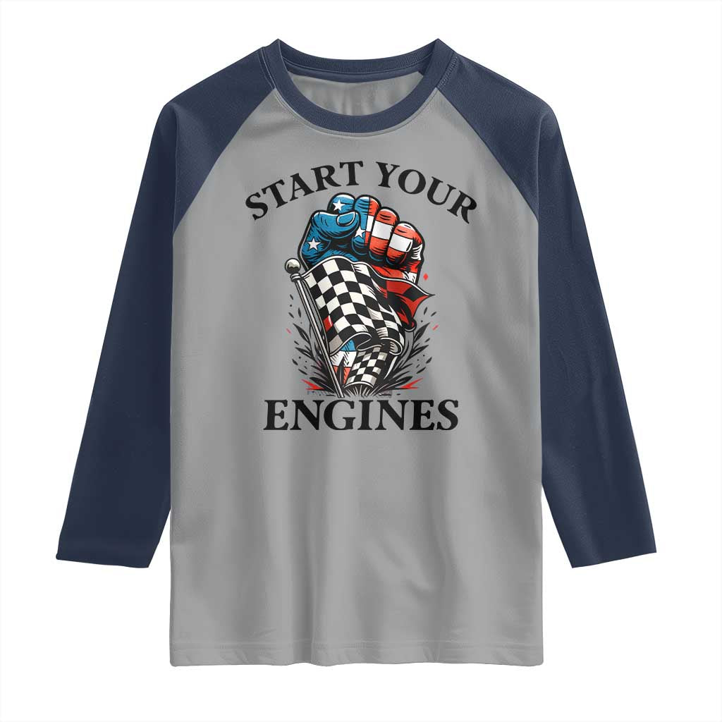 Checkered American Flag Racing Raglan Shirt Start Your Engines Race Car - Wonder Print Shop