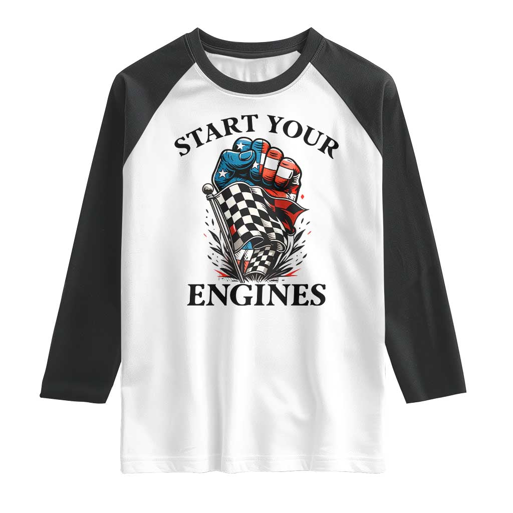 Checkered American Flag Racing Raglan Shirt Start Your Engines Race Car - Wonder Print Shop