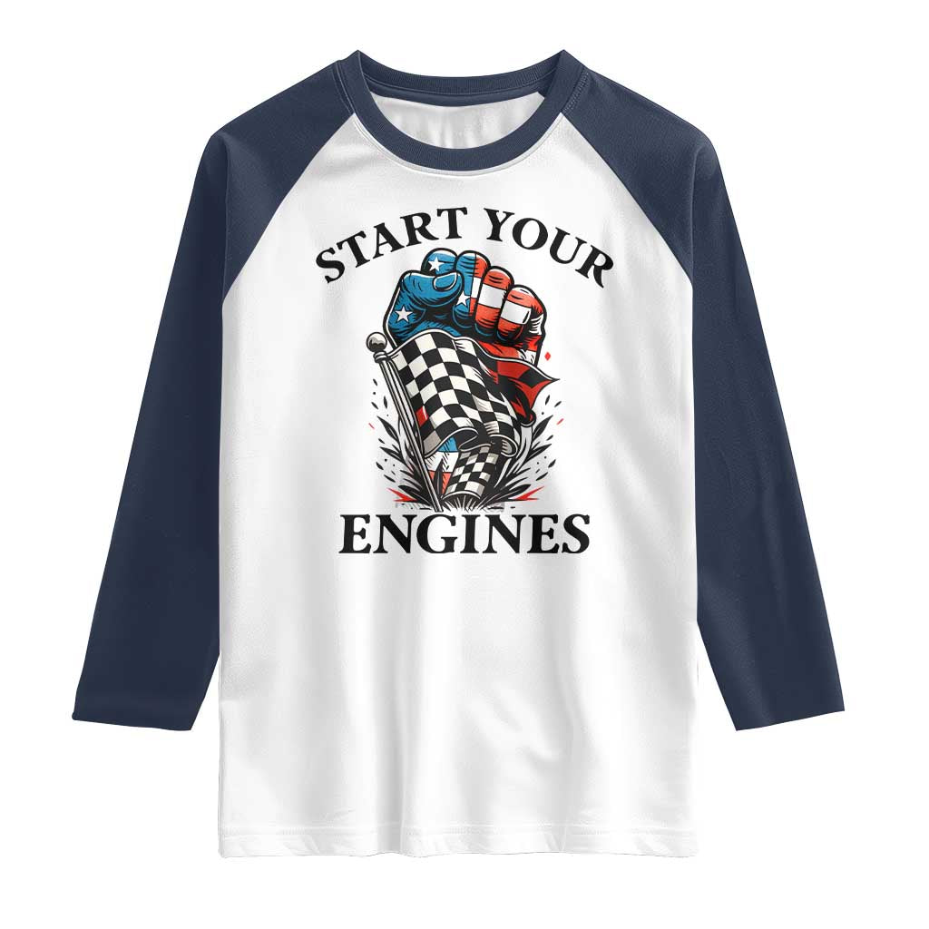 Checkered American Flag Racing Raglan Shirt Start Your Engines Race Car - Wonder Print Shop