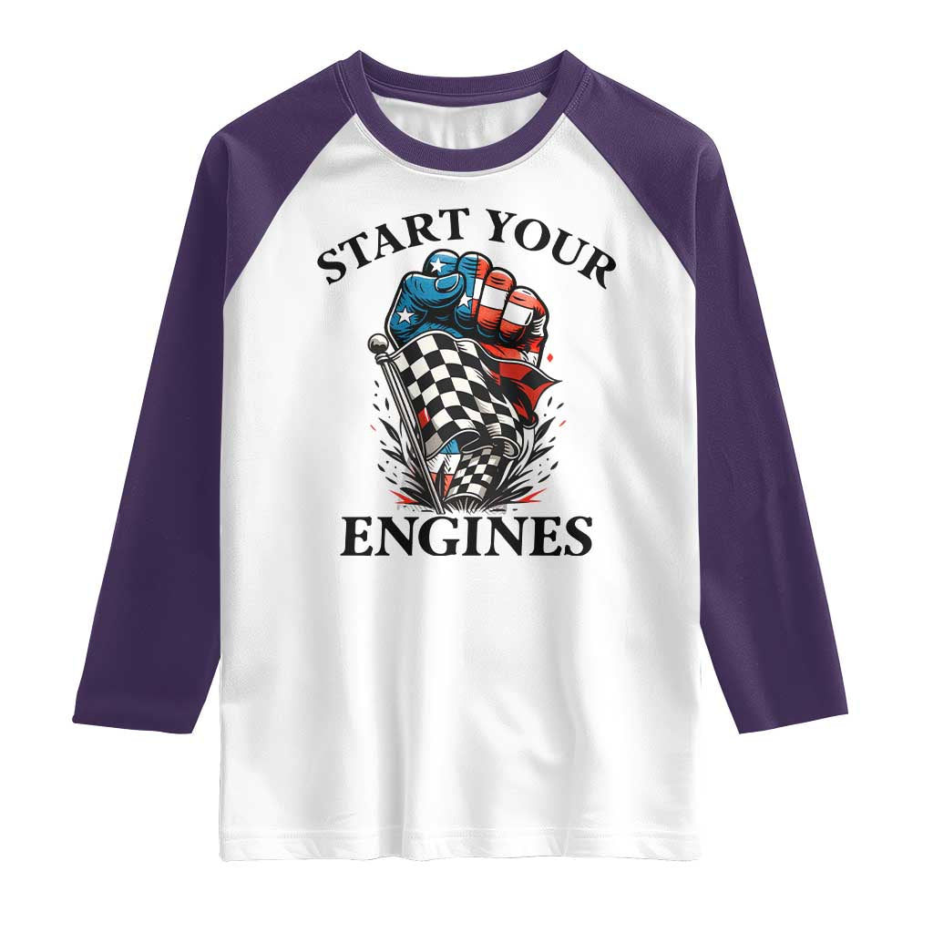 Checkered American Flag Racing Raglan Shirt Start Your Engines Race Car - Wonder Print Shop