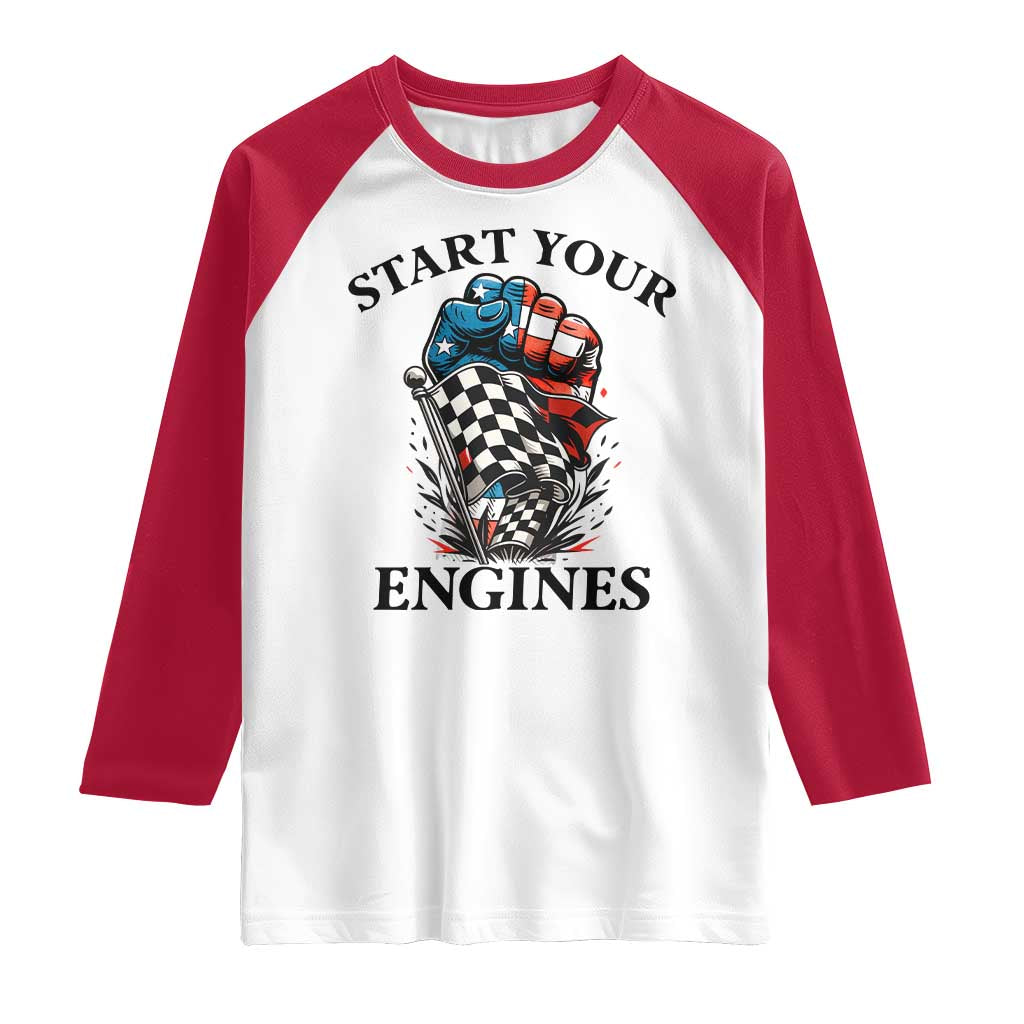 Checkered American Flag Racing Raglan Shirt Start Your Engines Race Car - Wonder Print Shop