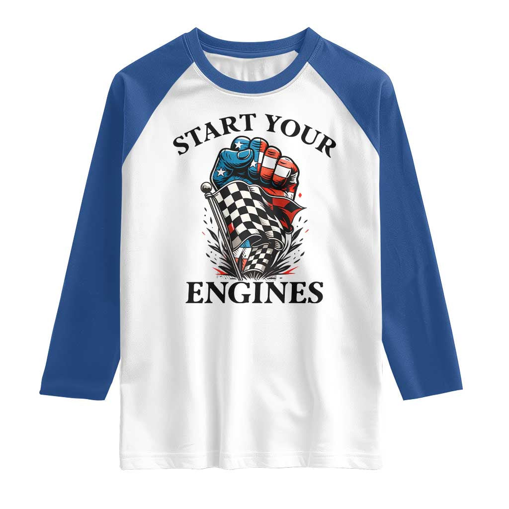 Checkered American Flag Racing Raglan Shirt Start Your Engines Race Car - Wonder Print Shop