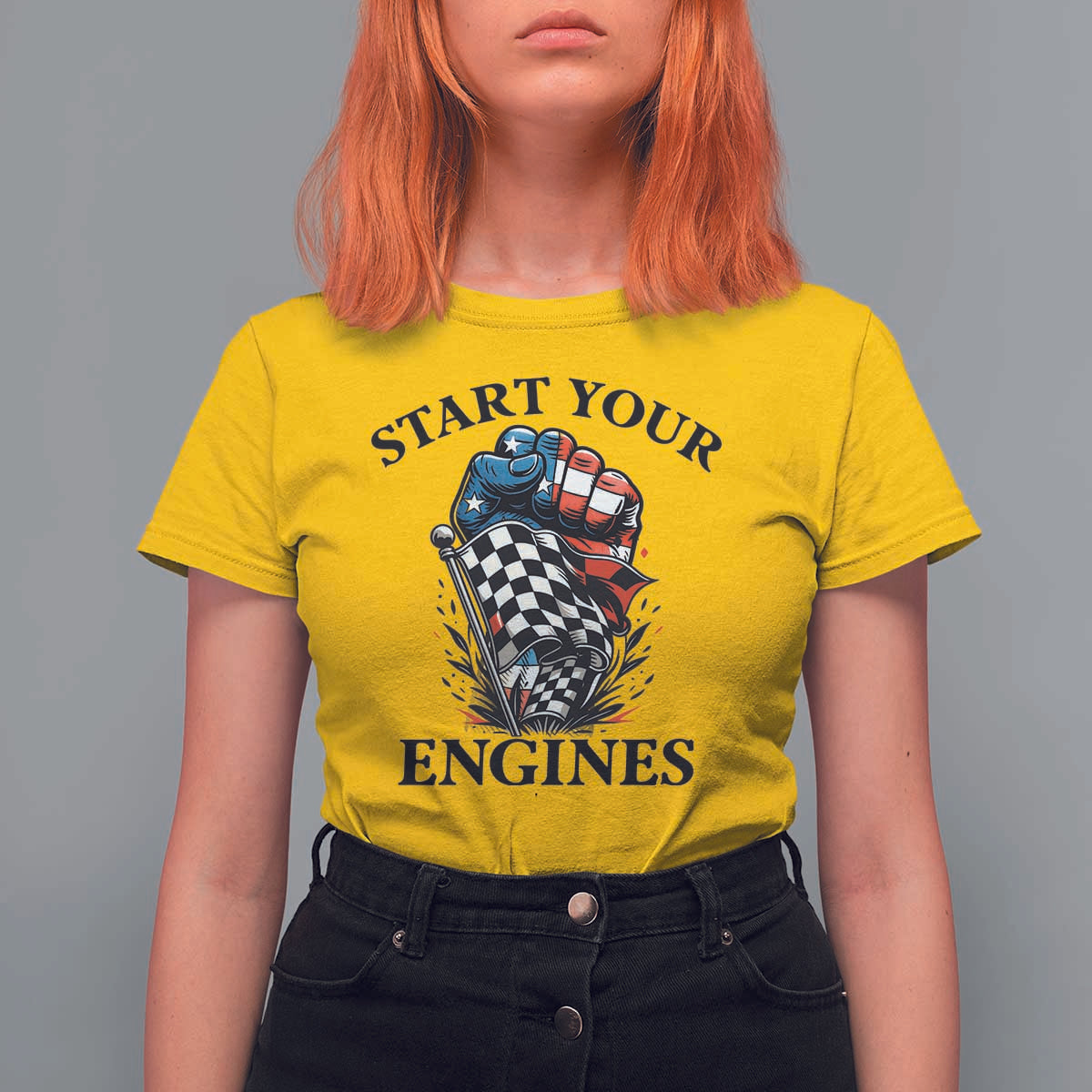 Checkered American Flag Racing T Shirt For Women Start Your Engines Race Car - Wonder Print Shop