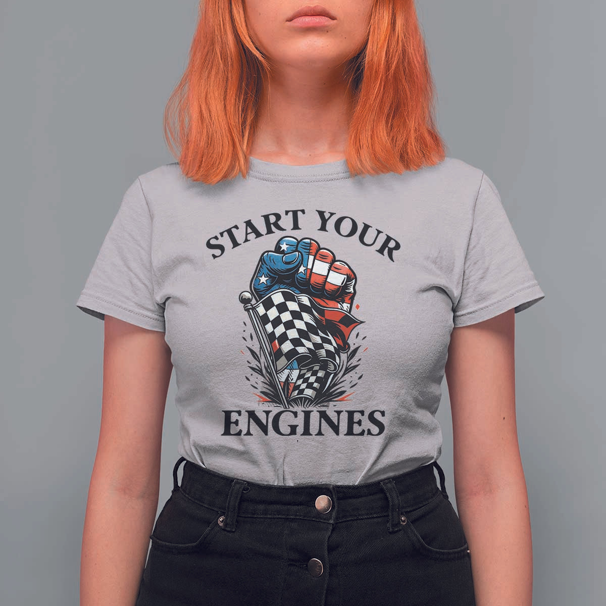 Checkered American Flag Racing T Shirt For Women Start Your Engines Race Car - Wonder Print Shop
