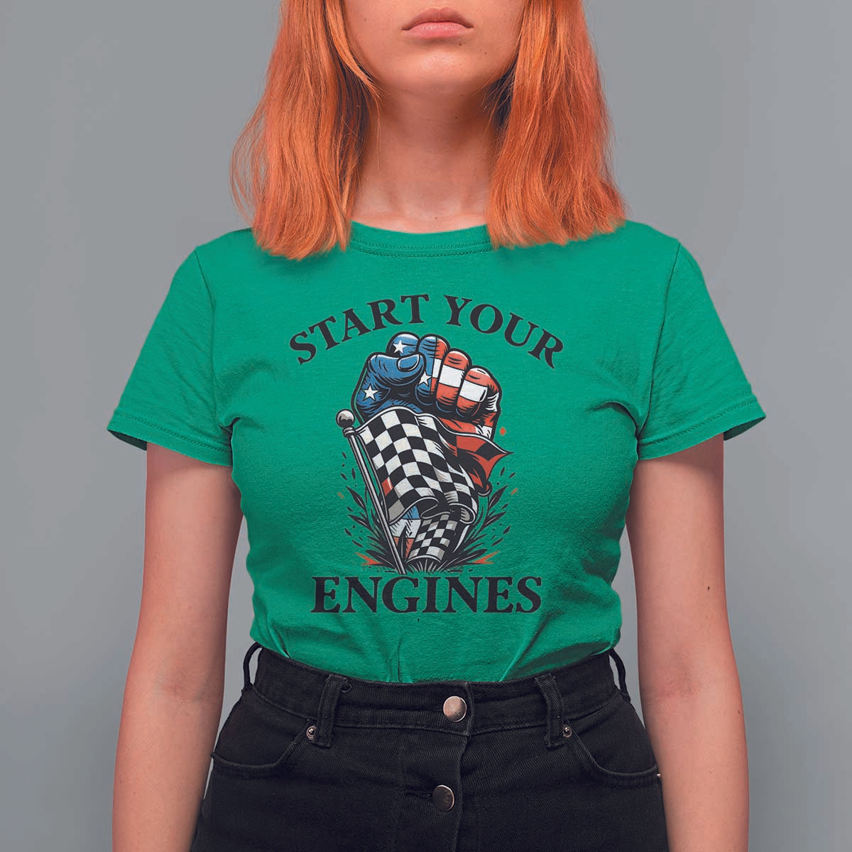 Checkered American Flag Racing T Shirt For Women Start Your Engines Race Car - Wonder Print Shop