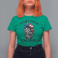 Checkered American Flag Racing T Shirt For Women Start Your Engines Race Car - Wonder Print Shop