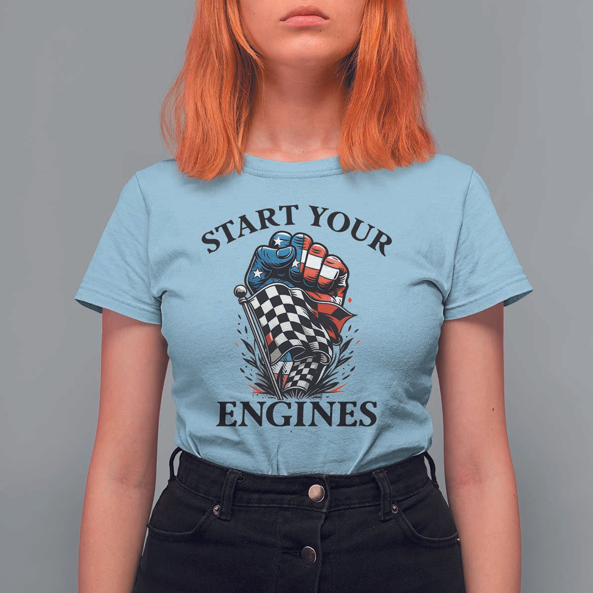 Checkered American Flag Racing T Shirt For Women Start Your Engines Race Car - Wonder Print Shop