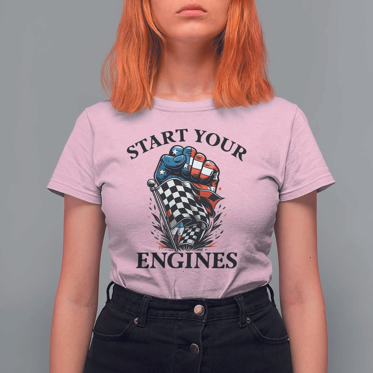 Checkered American Flag Racing T Shirt For Women Start Your Engines Race Car - Wonder Print Shop