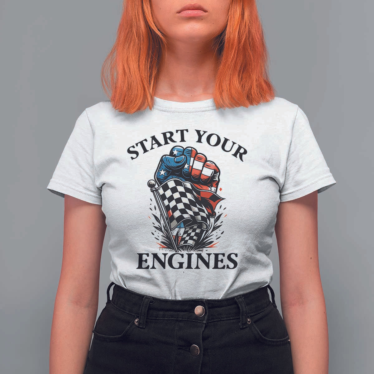 Checkered American Flag Racing T Shirt For Women Start Your Engines Race Car - Wonder Print Shop
