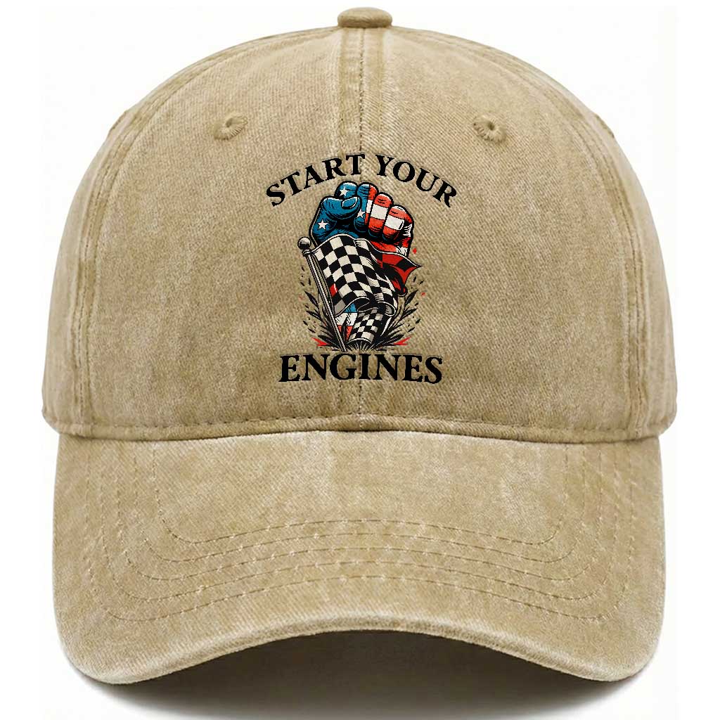 Checkered American Flag Racing Washed Cotton Baseball Cap Start Your Engines Race Car