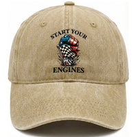 Checkered American Flag Racing Washed Cotton Baseball Cap Start Your Engines Race Car